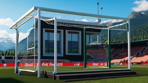 make this sauns goal black. also make environtment better,an artistic view of a soccer field with a goal in it,garmisch partenkirchen ski stadium,football stadium,stadionul,frankenstadion,goalpost,goa