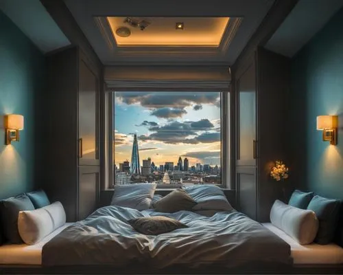 bedroom window,sky apartment,sleeping room,window view,bedroom,great room,blue room,modern room,hotel room,guest room,window to the world,new york skyline,big window,manhattan skyline,penthouses,headboards,glass window,ventanas,bedside,bedrooms