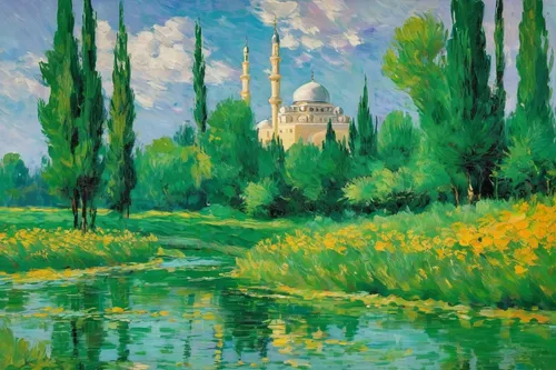 notre dame de sénanque,river landscape,green landscape,claude monet,church painting,hala sultan tekke,braque du bourbonnais,giverny,landscape,muhammad-ali-mosque,oil painting,bukhara,minarets,green trees with water,landscape background,khokhloma painting,oil on canvas,rural landscape,post impressionist,jordan river,Conceptual Art,Oil color,Oil Color 10