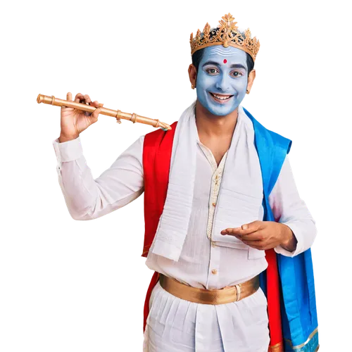 Hindu god, Lord Krishna, blue-skinned, smiling, gentle eyes, adorned crown, golden ornaments, white dhoti, red shawl, flute in hand, standing, blessings gesture, soft focus, warm lighting, shallow dep