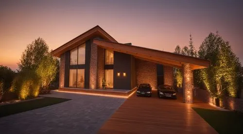 wooden boards dark  , crossbar brown brick, paving stones, dark gray windows, linear lighting, sunset,Shalet. a modern house at night with a car parked outside the house,3d rendering,passivhaus,homebu