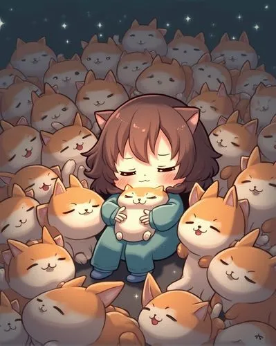 Chibi, an extremely cute cat, is sleeping on the shoulder of another super-chubby girl in her arms, surrounded by many other cats and a large group of plump girls with fur shining like stars. The scen