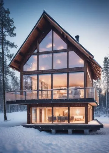 Nordic Finland architecture, wooden modern villa, large windows, snow-covered roof, minimalist design, natural material, Scandinavian style, cozy atmosphere, surrounded by frozen lake, snowflakes gent