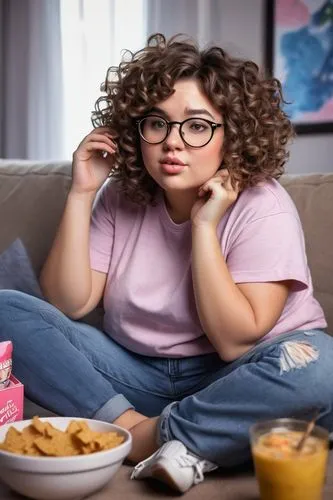 AI generated chubby face, round glasses, curly brown hair, subtle blush, soft pink lips, double chin, plump cheeks, casual wear, relaxed fit, oversized t-shirt, ripped jeans, sneakers, sitting on a co