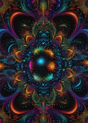 Fractal video generator, mesmerizing visuals, psychedelic patterns, vibrant colors, swirling shapes, infinite loops, mathematical beauty, futuristic ambiance, abstract structures, kaleidoscope-inspire