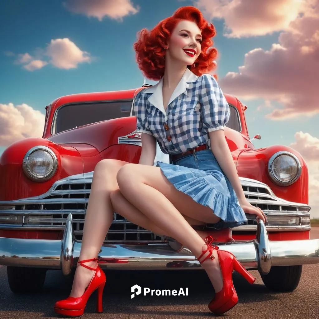 A captivating 3D render of a 1940s style fashionista, a stunning 30-year-old red haired girl wearing a red and white checkerboard shirt tied at the front, short blue jeans with frills, red high heels,