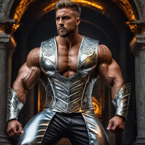 A son of Zeus as a full god, wearing silver metal pants, silver metal vest that shows his pecs and abs, and silver metal boots, with powerful muscles, insanely handsome, his pecs and abs are visible ,