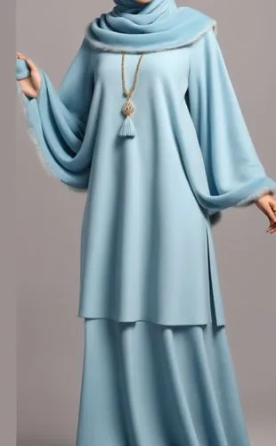 Wool design For Muslim hijab digital drawing with 3d with blain velvet design and long skirt with winter design wool design with fur with 8k,the blue muslim dress has a gold chain,jesus figure,the pro