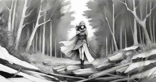 sketch, woman, forestry background, black and white,the girl is walking through a forest full of trees,elven forest,dryad,mirkwood,in the forest,forest walk,alfheim,the forest,forest,ballerina in the 