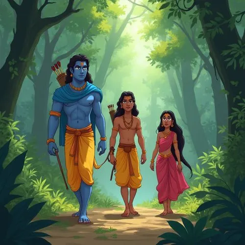 “Create an animated illustration of Lord Rama, Lakshmana, and Princess Sita as they journey into the jungle. Rama, with blue skin, is dressed in a yellow dhoti and blue shawl, holding a small bow and 