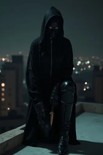 woman serial killer wearing a black catsuit with zip and wears a mask who cover a part of face and wears long leather gloves and loose thigh high pointed boots.
she was on a roof of a building in mana