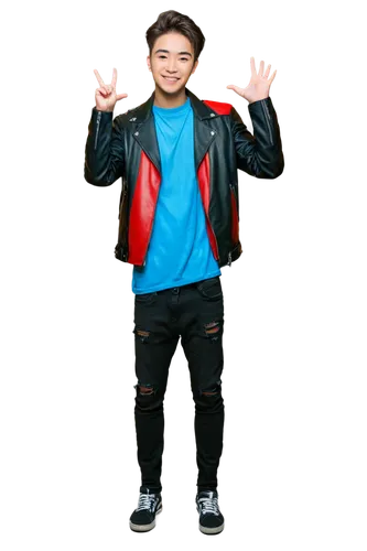 Popular K-pop idol, young boy, charismatic smile, stylish hair, bold eyebrows, sparkling eyes, fashionable outfit, leather jacket, ripped jeans, sneakers, confident pose, one hand in pocket, dynamic l