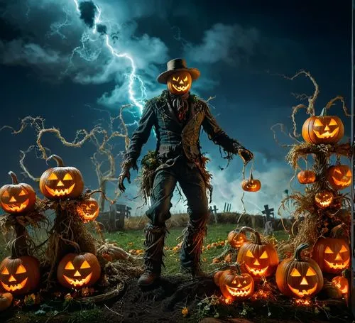 a unique scary Halloween figure taking  the night  with spooky tornado of pumpkins, scarecrows and ghosts ,a scarecrow is standing in the grass with lots of pumpkins,halloween poster,halloween backgro