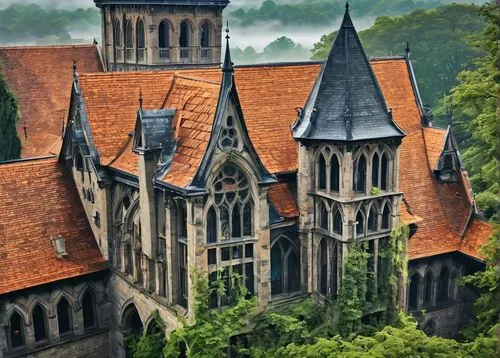 Majestic architectural roof, modern Gothic style, steeply pitched, multi-layered, ornate wooden trusses, grandiose chimneys, intricate stonework, curved turrets, majestic clock tower, medieval-inspire