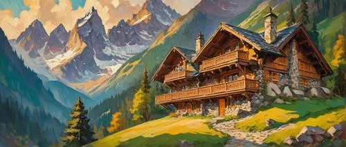 house in mountains,house in the mountains,alpine village,mountain hut,mountain settlement,mountain scene,alpine landscape,mountain huts,alpine hut,mountain village,home landscape,the cabin in the mountains,mountain landscape,mountainside,chalet,house painting,escher village,salt meadow landscape,paisaje,mountainous landscape,Conceptual Art,Oil color,Oil Color 20