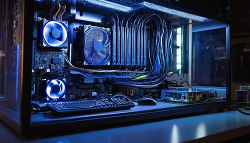 fractal design,muscular build,prebuilt,old rig,xfx,vega,pc tower,blue light,pc,pro 50,cyanamid,gigabyte,gpu,electric blue,sli,pci,xeon,dark blue and gold,pcie,bluelight,Illustration,Japanese style,Japanese Style 10