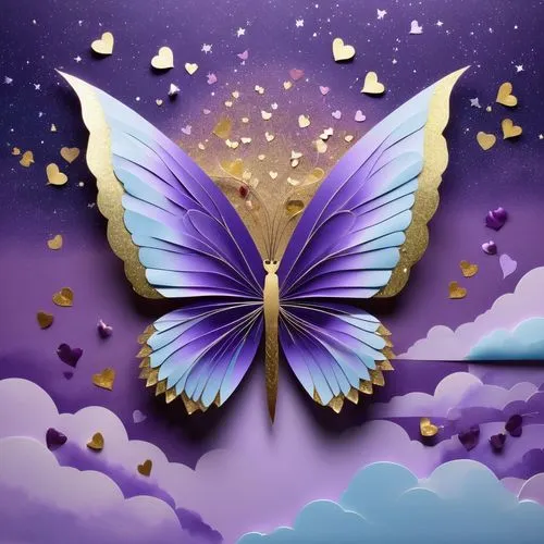 (folding paper artwork by Loish:1.35), (a glistening+sparkling purple seductive folding_paper_stripper with wings, flying in the sky:1.5) of (gold folding_paper artwork 3d effect, hearts feathers butt