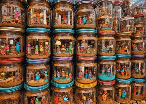 Imagine a futuristic world where gingerbread jars are a prized possession. Describe a bustling marketplace where people trade them.,gingerbread jars,honey jars,preserved food,jars,candy jars,prayer wh