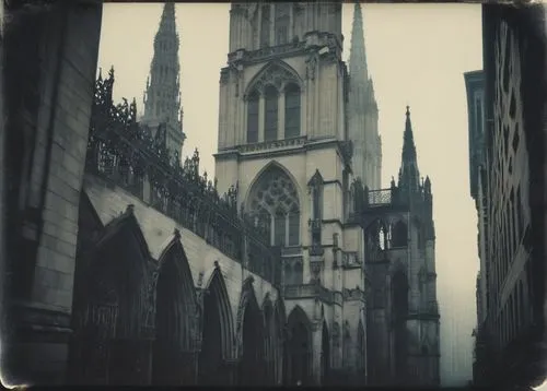 Gothic NYC building, grand cathedral, intricate stone carvings, pointed arches, ribbed vaults, stunning stained glass windows, towering spires, dramatic night lighting, misty atmosphere, foggy streets