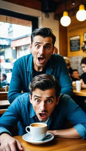 two men drinking coffee with surprised faces,coffee background,smosh,coffeehouses,jagan,baristas,kames