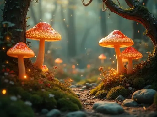 mushroom landscape,fairy forest,forest mushrooms,toadstools,fairytale forest,agarics,forest mushroom,mushrooms,enchanted forest,fairy village,mycena,conocybe,fairy world,fungi,forest floor,fairyland,shrooms,mushroom island,clitocybe,fairy house,Photography,General,Realistic