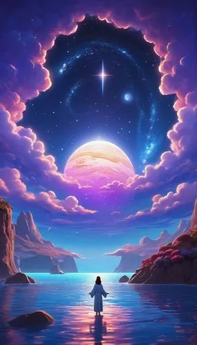 cielo,fantasy picture,dreamscape,moon and star background,astral traveler,dream world,the endless sea,horizon,fantasia,sky,beautiful wallpaper,the horizon,eckankar,dreamtime,star sky,dreamstone,dream art,horizons,universe,dreamscapes,Unique,3D,3D Character