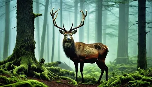 Mysterious forest, misty atmosphere, nocturnal scene, glowing eyes, majestic antlers, furry cryptid body, moss-covered fur, tree branches tangled in antlers, mist swirling around legs, eerie lighting,