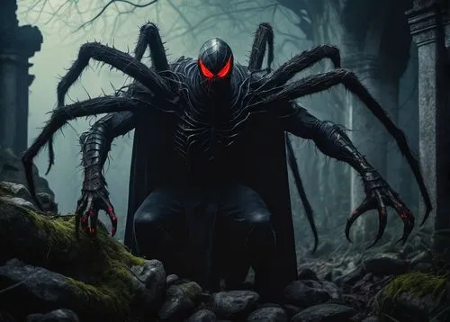 dark-type,spawn,slender,walking spider,arachnid,tarantula,krampus,supernatural creature,malégon,red eyes,widow spider,devil,arachnophobia,black crab,predator,pagan,concept art,hag,iridigorgia,dark art,Illustration,Realistic Fantasy,Realistic Fantasy 24