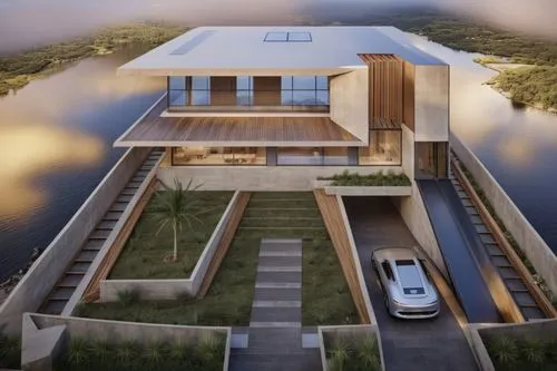 3d rendering,dunes house,eco-construction,modern house,house by the water,modern architecture,house with lake,luxury property,smart home,flat roof,roof landscape,landscape design sydney,smart house,grass roof,floating huts,timber house,cubic house,floating island,wooden decking,residential house,Photography,General,Realistic