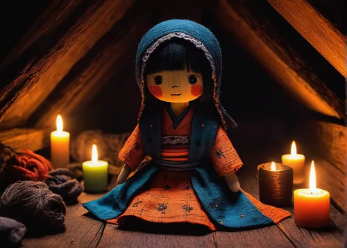 In a spooky attic, a worry doll unexpectedly becomes haunted, spreading fear and anxiety.,handmade doll,wooden doll,japanese doll,girl praying,the japanese doll,kokeshi doll,jizo,worry doll,babushka d