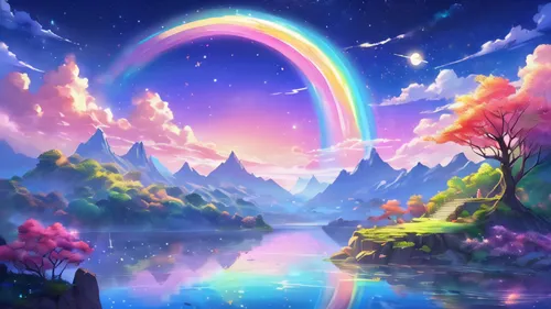 rainbow and stars,rainbow background,rainbow bridge,unicorn background,rainbow clouds,rainbow pencil background,fantasy landscape,unicorn and rainbow,rainbow world map,moonbow,rainbow,fairy world,rainbow colors,colorful background,background colorful,fantasy picture,landscape background,colors rainbow,colorful foil background,rainbow color palette,Illustration,Realistic Fantasy,Realistic Fantasy 01