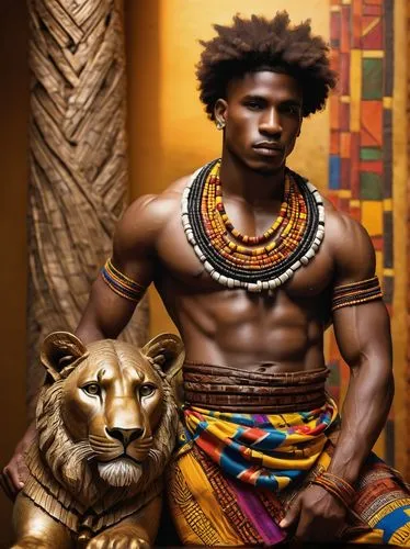 Brown Pride Artwork, vibrant African culture, Afro hairstyle, colorful dashiki, bold facial features, strong jawline, confident posture, muscular arms crossed, chest adorned with traditional beads, wa