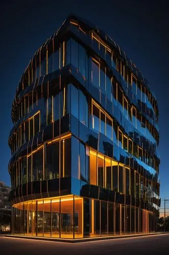 Modern RD architecture, futuristic building, sleek lines, metallic materials, glass facade, LED lights, neon accents, urban cityscape, night scene, dramatic lighting, low-angle shot, symmetrical compo