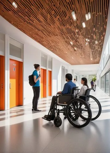 Accessible architecture, visually impaired friendly, modern minimalistic design, Braille signage, tactile maps, audio guidance system, wheelchair ramps, wide corridors, high contrast color scheme, tex