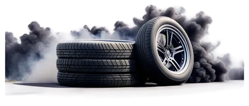 Low-angle shot, dynamic tyre screech, racing car wheel, black rubber tyre, metal rim, smoke effect, motion blur, realistic texture, high-contrast lighting, shallow depth of field, action-packed compos