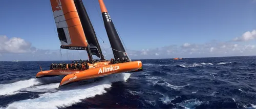 June 8, 2015. Leg 8 to Lorient onboard Team Alvimedica. Day 1. A group of Portuguese dolphin blow off some early morning energy in the water between Alvimedica, Brunel, and Abu Dhabi. A tricky night o