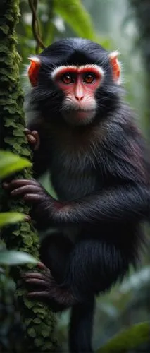 Red eyes, monkey, solo, (3yo), fur texture, fluffy tail, agile hands, climbing posture, jungle environment, vines, exotic plants, misty atmosphere, warm lighting, shallow depth of field, cinematic com