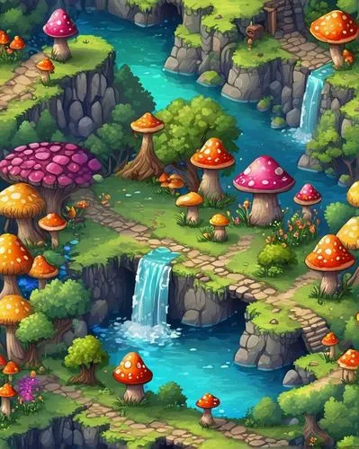 mushroom island,mushroom landscape,fairy village,fairy world,fairy forest,a small waterfall,toadstools,water falls,water spring,oasis,fairytale forest,wishing well,elven forest,cartoon video game background,water fall,underwater oasis,cartoon forest,underground lake,ash falls,forest glade,Illustration,Paper based,Paper Based 24