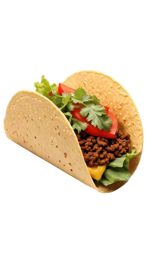 Crispy taco shell, golden brown, savory meat filling, lettuce, diced tomatoes, shredded cheese, sour cream, cilantro, solo, still life, close-up shot, shallow depth of field, warm lighting, vibrant co