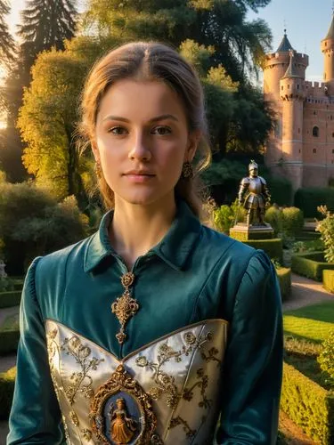 La fiera principessa Barbara Gonzaga di Mantova si trova in un pittoresco giardino. Dietro di lei si trova un modello in miniatura di un fiero castello cavalleresco, decorato con intagli ornamentali e