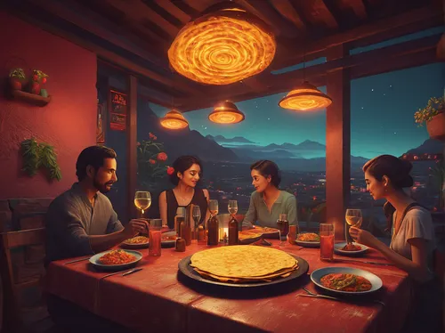 mid-autumn festival,romantic dinner,japanese restaurant,dinner party,family dinner,izakaya,chinese restaurant,diner,world digital painting,dining,laksa,candle light dinner,rosa cantina,cg artwork,japanese meal,a restaurant,feast noodles,sci fiction illustration,studio ghibli,3d fantasy,Conceptual Art,Sci-Fi,Sci-Fi 11