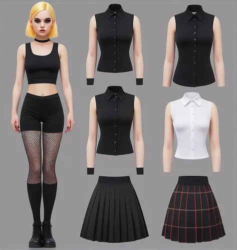 Paper doll goth blond haired girl in black sleeveless shirt ,black tight fit spandex shorts, complete full length fishnet and black boot standing surrounded by with a set of goth fashion clothing, shi