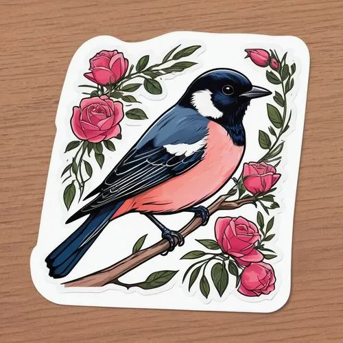 flower and bird illustration,pink robin,floral and bird frame,bird illustration,bull finch,chickadee,bullfinch,eurasian bullfinch,spring bird,bird painting,grosbeak,towhee,magpie,clipart sticker,bird frame,garden bird,bird flower,bluejay,butcherbird,flowerpeckers,Unique,Design,Sticker