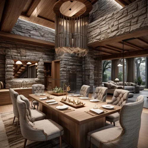 luxury home interior,wooden beams,log home,breakfast room,outdoor dining,log cabin,kitchen design,outdoor grill,luxury home,chalet,modern kitchen,rustic,kitchen & dining room table,interior design,interior modern design,family room,dining room,fire place,luxury property,3d rendering