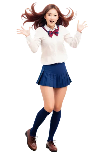 Colorful anime style, vibrant hair clips, sparkly eyes, rosy cheeks, Japanese school girl uniform, white blouse, short pleated skirt, knee-high socks, brown loafers, dynamic pose, jumping in air, wind