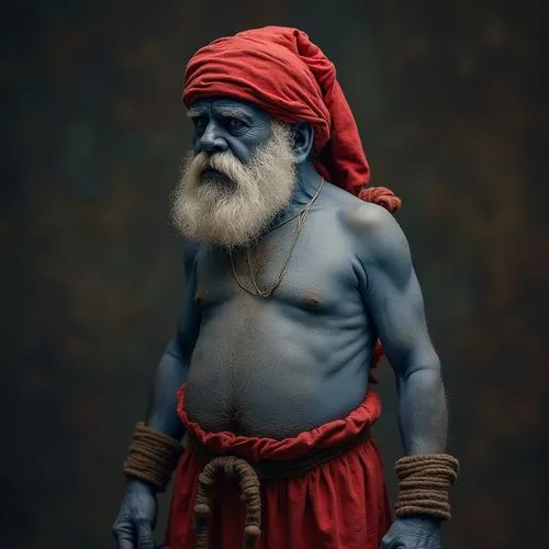 Shirtless midget blue man with white beard in red Phrygian cap in red pans,the image of an older man is taken in front of a dark background,indian sadhu,sanyasi,sadhus,sadhu,bhagavan,aravan,Photograph