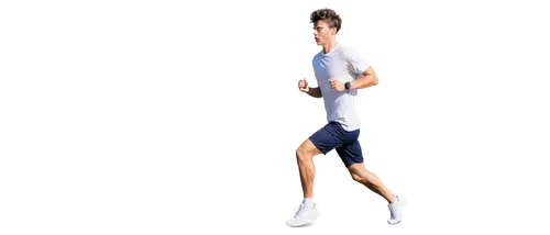 Young adult, athletic male, running, dynamic pose, sweat dripping from forehead, messy short hair, casual sportswear, white sneakers, strong muscular legs, energetic facial expression, morning sunligh