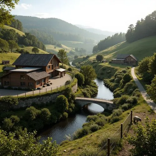 Rustic rural landscape, rolling hills, meandering streams, lush green forests, traditional regionalist architecture, stone walls, wooden bridges, earthy tones, natural materials, curved lines, asymmet