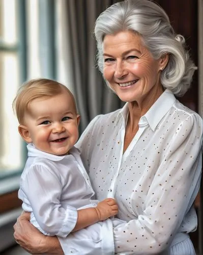 show slim tall Minka Rosberg, aged 90, a nice smiling old lady, freckles, grey hair,  wearing a spottet white blouse, and white trousers, holding baby Maxima,a woman holding a small baby next to a win