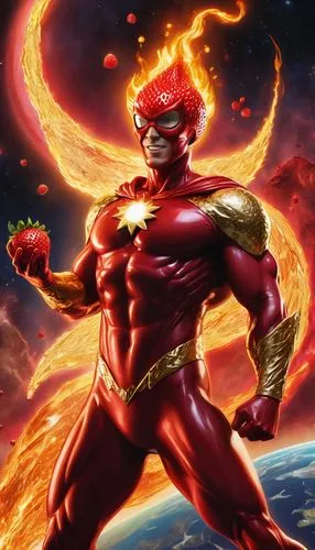 A captivating scene of 'Strawberry-Man', a superhero with a golden body and glowing strawberry energy, standing on the edge of a fiery planet Earth. He appears to be making a powerful gesture or excla